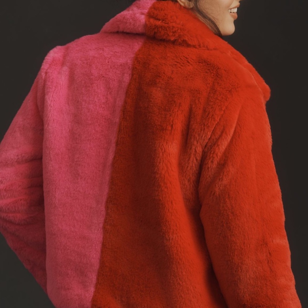 Red Pink Colorblock faux fur coat - Picture 9 of 9
